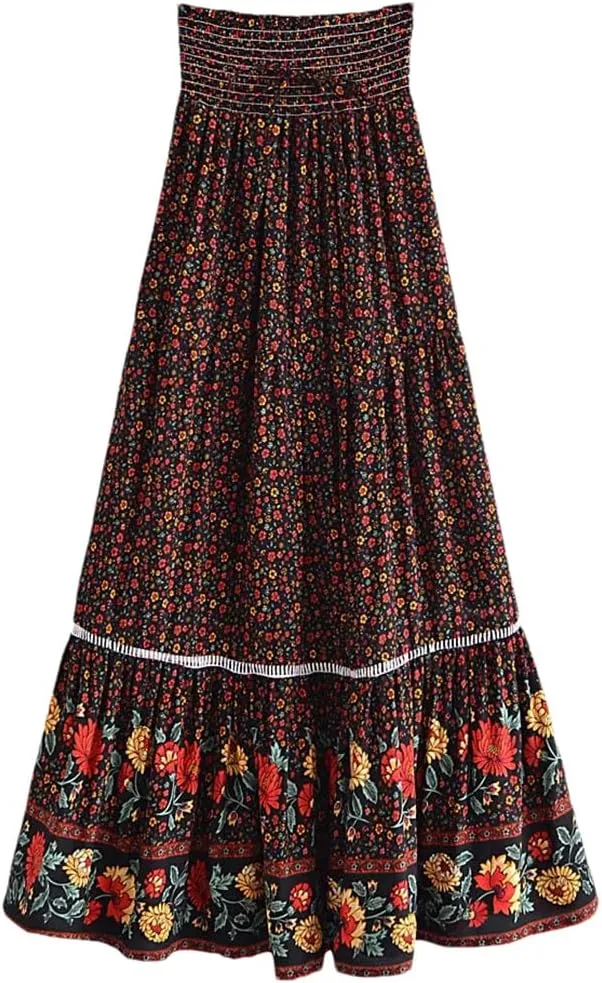 Women Beige Print Beach Bohemian Skirt High Elastic Waist Rayon Cotton Pleated Maxi Skirts