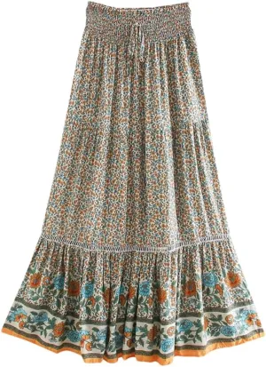 Women Beige Print Beach Bohemian Skirt High Elastic Waist Rayon Cotton Pleated Maxi Skirts