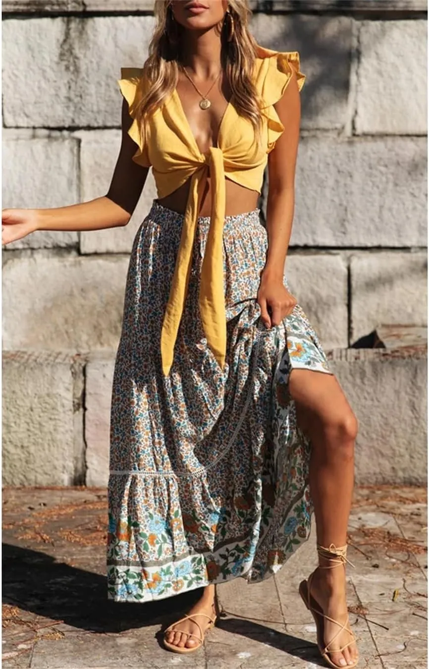 Women Beige Print Beach Bohemian Skirt High Elastic Waist Rayon Cotton Pleated Maxi Skirts