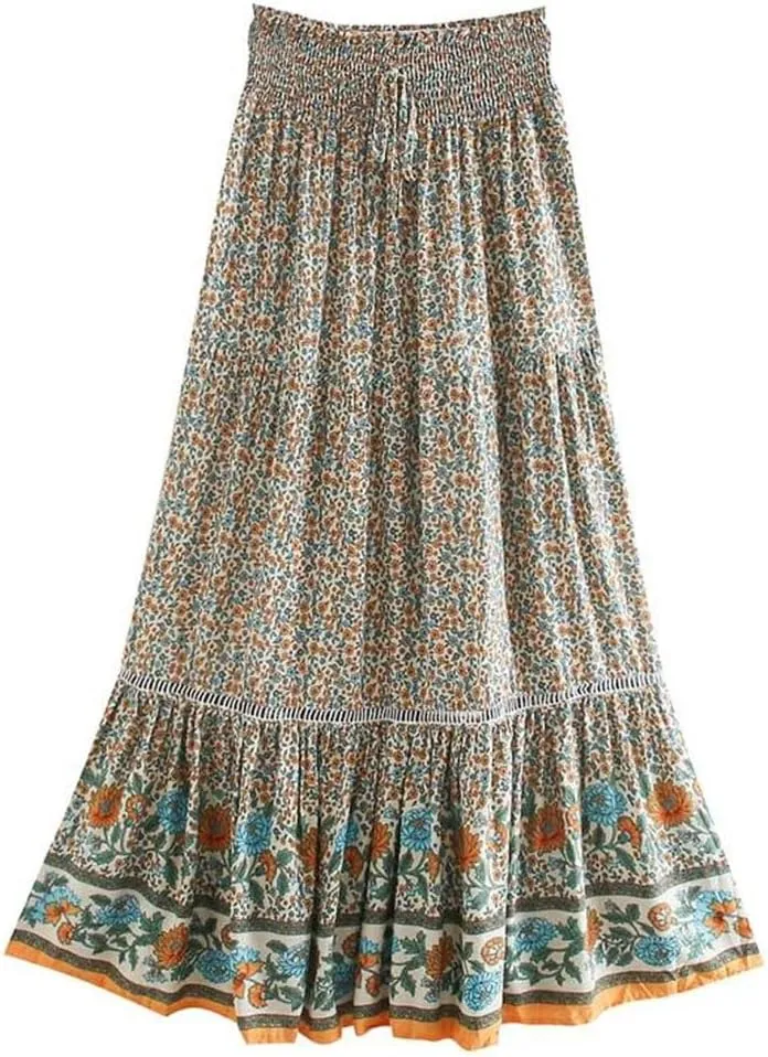 Women Beige Print Beach Bohemian Skirt High Elastic Waist Rayon Cotton Pleated Maxi Skirts
