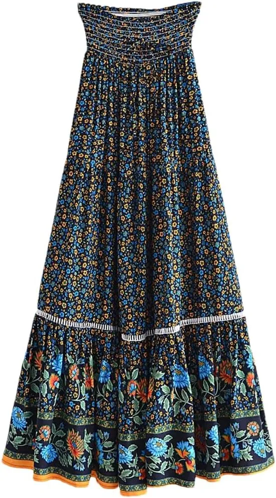 Women Beige Print Beach Bohemian Skirt High Elastic Waist Rayon Cotton Pleated Maxi Skirts