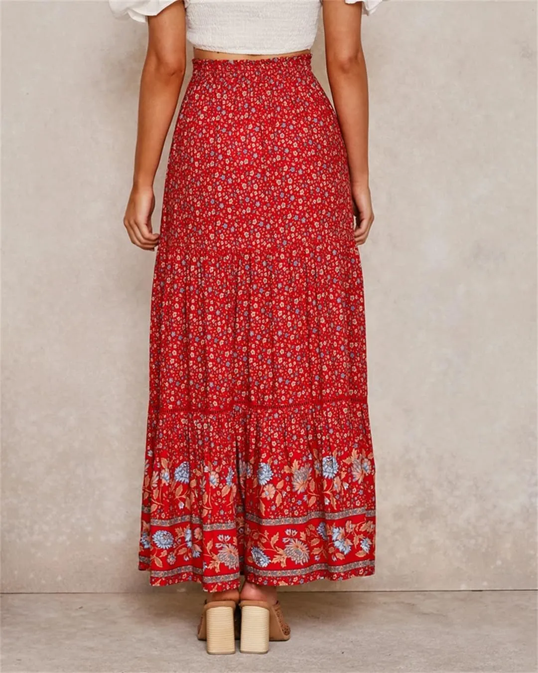 Women Beige Print Beach Bohemian Skirt High Elastic Waist Rayon Cotton Pleated Maxi Skirts