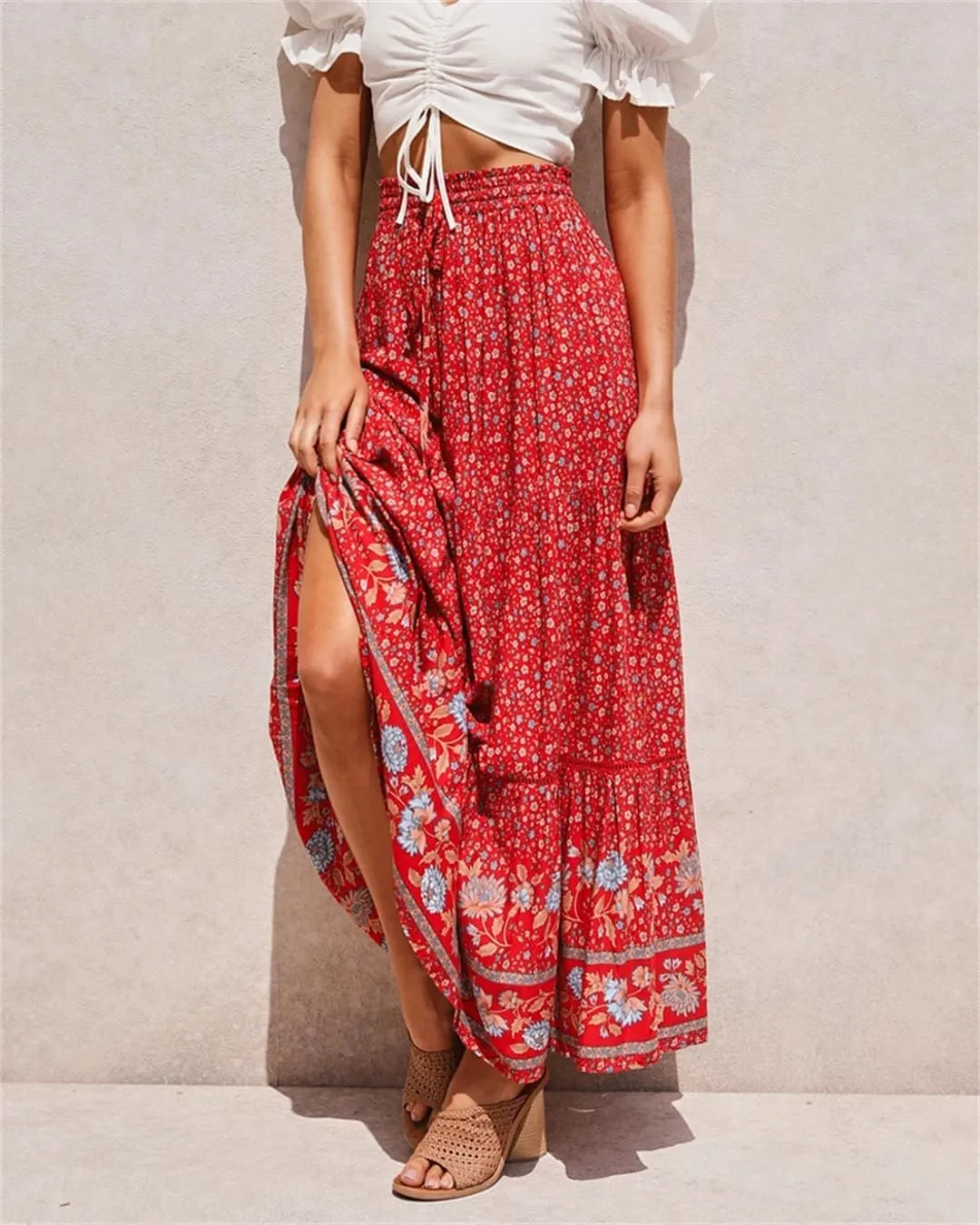 Women Beige Print Beach Bohemian Skirt High Elastic Waist Rayon Cotton Pleated Maxi Skirts