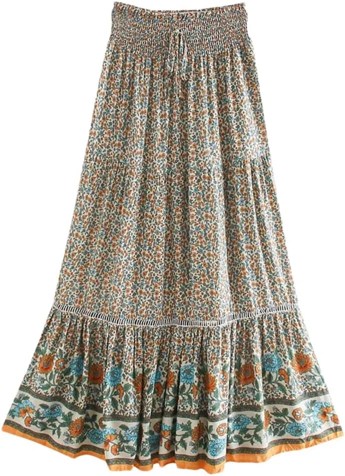Women Beige Print Beach Bohemian Skirt High Elastic Waist Rayon Cotton Pleated Maxi Skirts