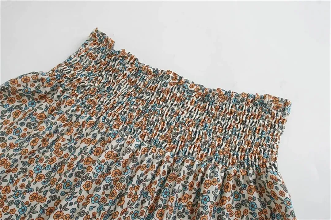 Women Beige Print Beach Bohemian Skirt High Elastic Waist Rayon Cotton Pleated Maxi Skirts