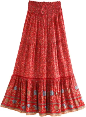 Women Beige Print Beach Bohemian Skirt High Elastic Waist Rayon Cotton Pleated Maxi Skirts