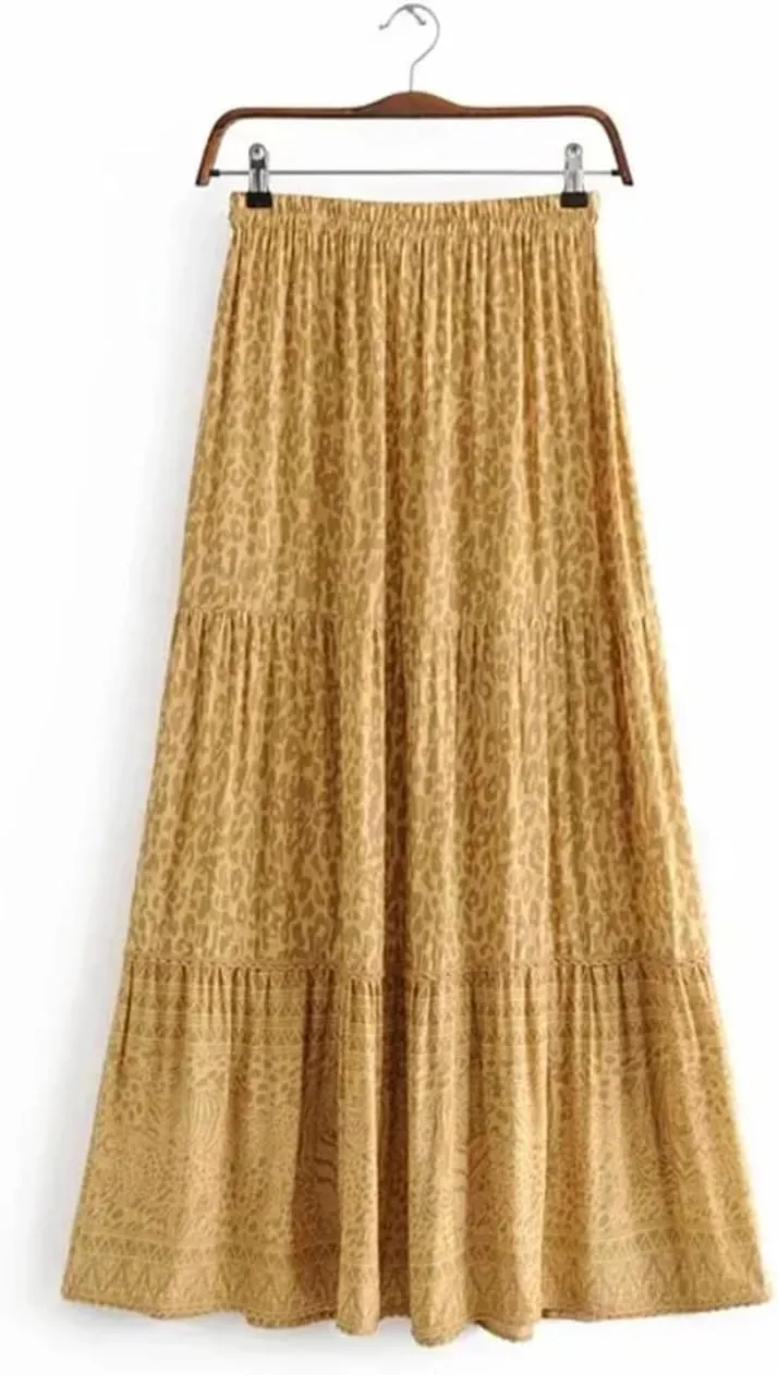 Women Bohemian Floral Print Pleated Skirt High Waist A-Line Maxi Skirts