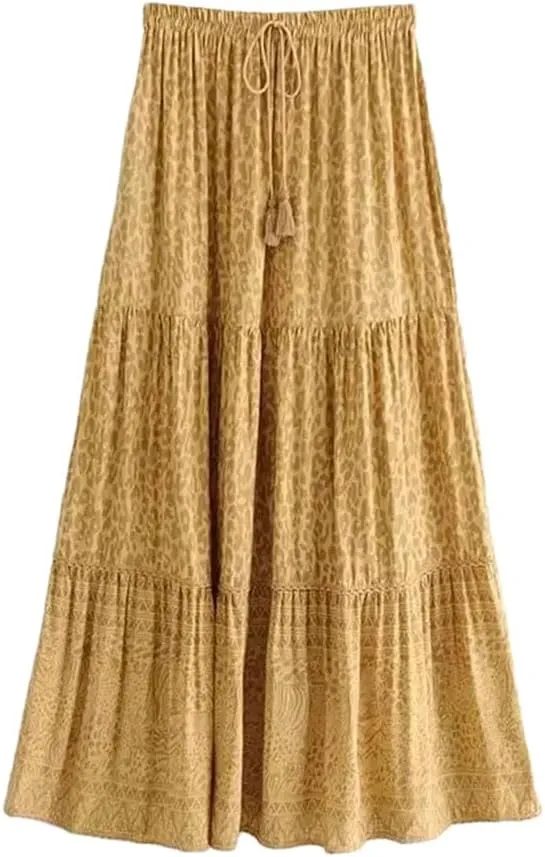 Women Bohemian Floral Print Pleated Skirt High Waist A-Line Maxi Skirts