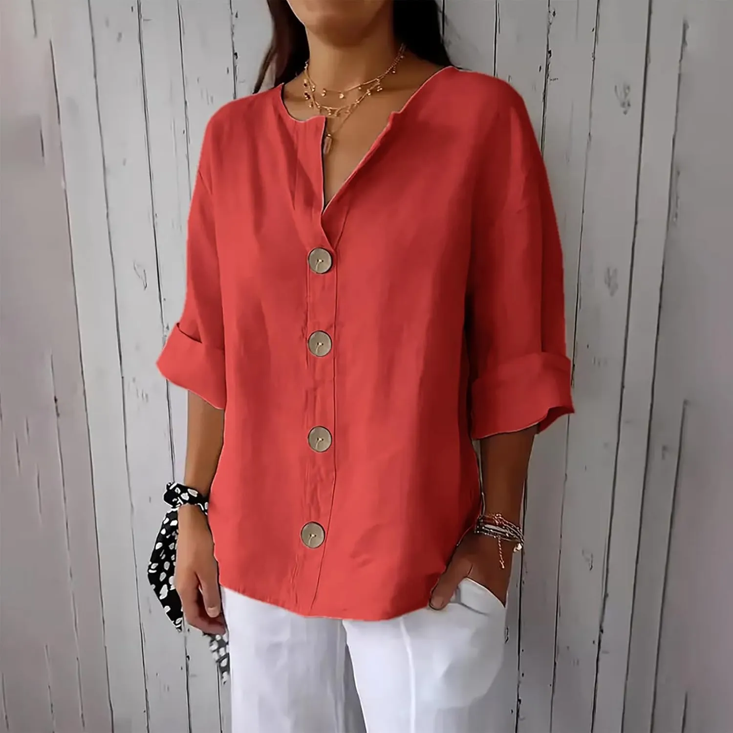 Women Boho Cotton Linen Tops Loose Fitting Summer Blouses 3/4 Sleeve V Neck Tunic Shirts Trendy Beach Clothing 2025