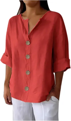Women Boho Cotton Linen Tops Loose Fitting Summer Blouses 3/4 Sleeve V Neck Tunic Shirts Trendy Beach Clothing 2025