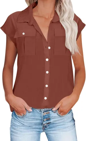 Women Cap Sleeve Button Down Shirts Summer Cotton Work Tees Blouse Lapel Collar Loose Tops Casual Solid T-Shirt