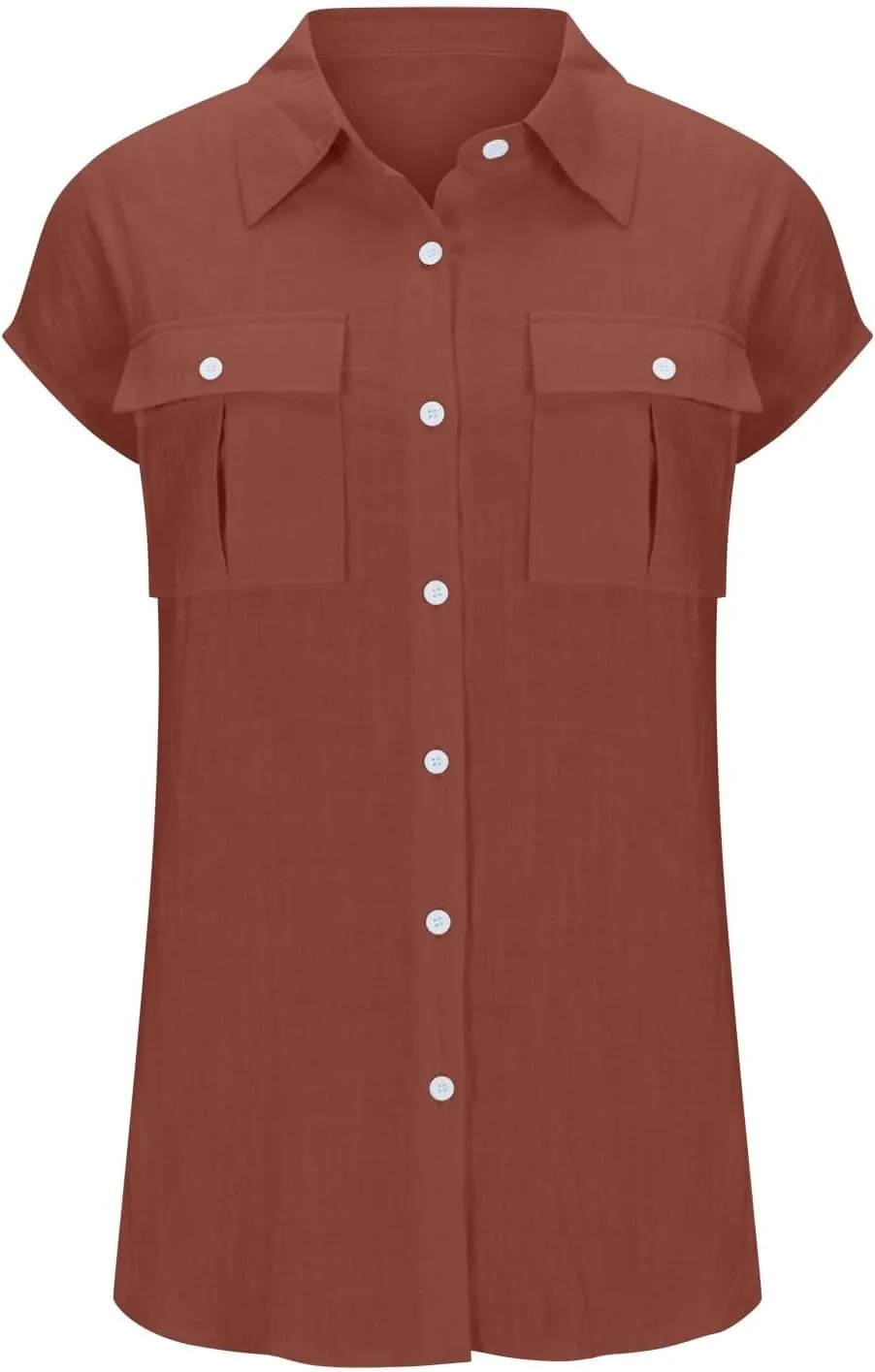 Women Cap Sleeve Button Down Shirts Summer Cotton Work Tees Blouse Lapel Collar Loose Tops Casual Solid T-Shirt