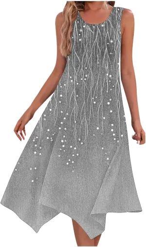 Women Casual Summer Dress Sleeveless Sundress Hankerchief Hem Midi Tank Dresses Beach Dress A Line Flowy Party Dresses