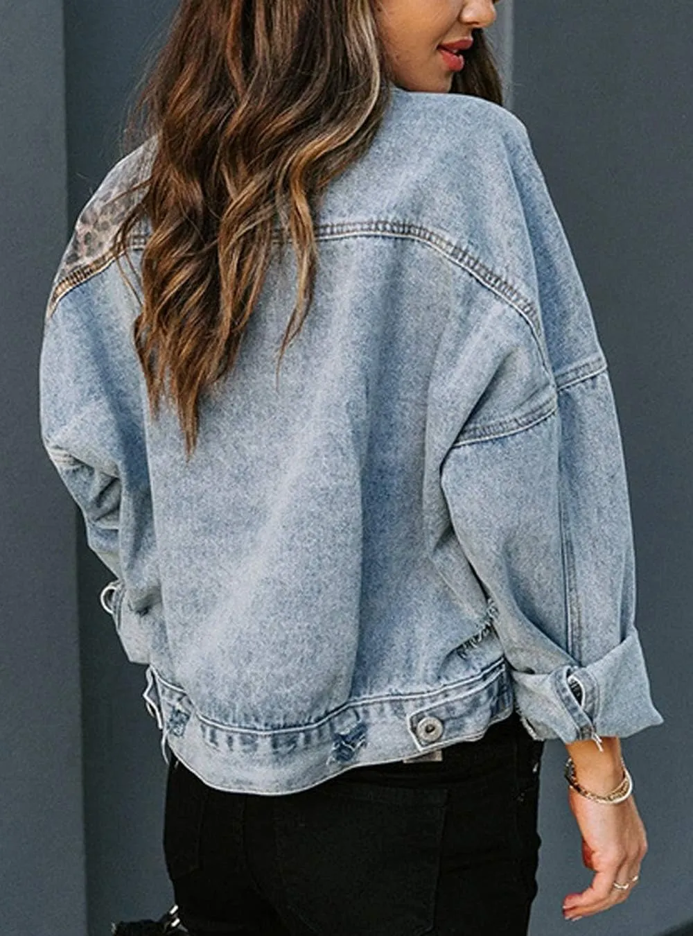 Women Denim Jackets Ripped Hole Leopard Patchwork Long Sleeve Jean Coat Outwear