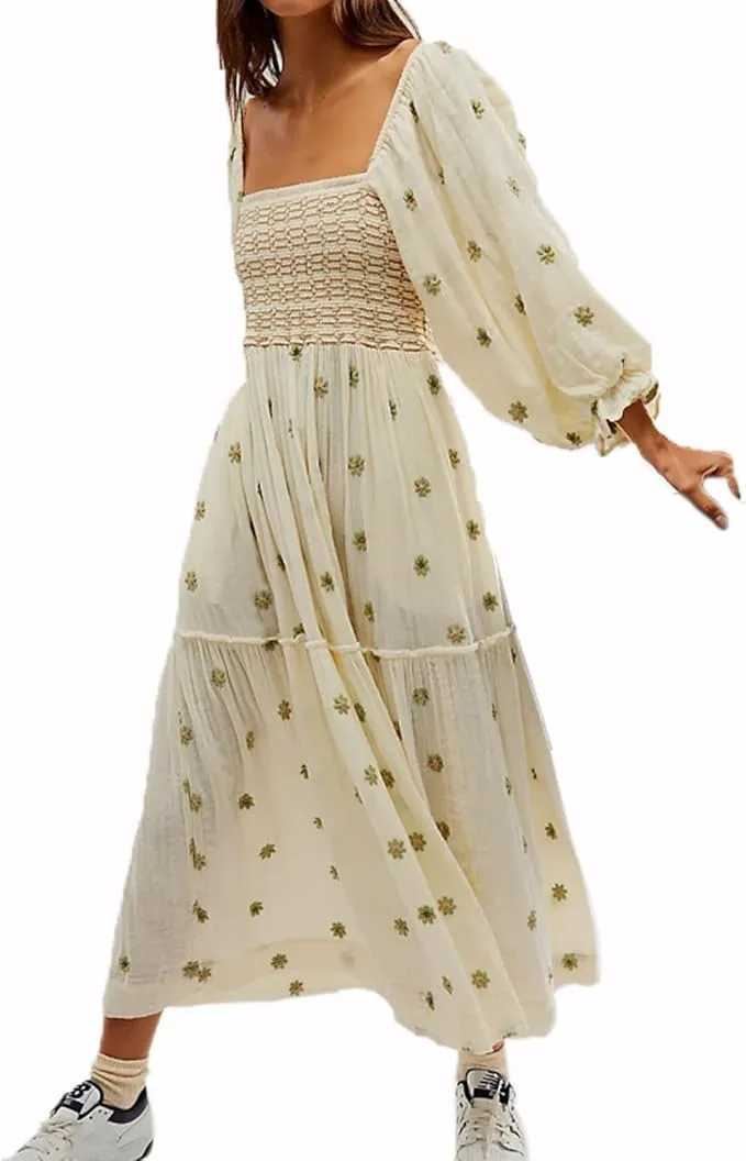 Women Floral Embroidered Smocked Maxi Dress Long Puff Sleeve Square Neck Bohemian Flowy Dress with Pockets