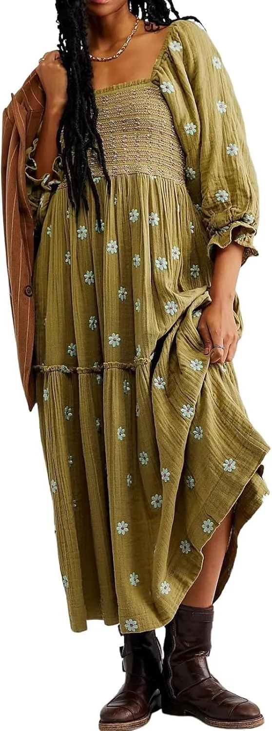 Women Floral Embroidered Smocked Maxi Dress Long Puff Sleeve Square Neck Bohemian Flowy Dress with Pockets