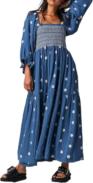 Women Floral Embroidered Smocked Maxi Dress Long Puff Sleeve Square Neck Bohemian Flowy Dress with Pockets