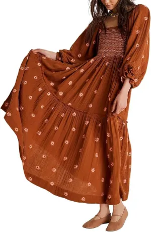 Women Floral Embroidered Smocked Maxi Dress Long Puff Sleeve Square Neck Bohemian Flowy Dress with Pockets