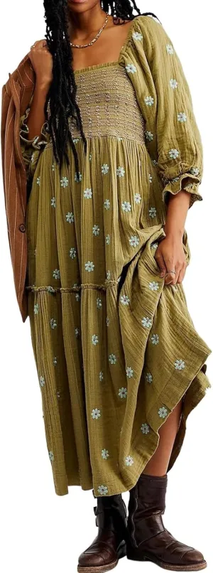 Women Floral Embroidered Smocked Maxi Dress Long Puff Sleeve Square Neck Bohemian Flowy Dress with Pockets