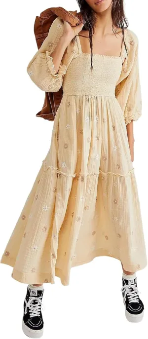 Women Floral Embroidered Smocked Maxi Dress Long Puff Sleeve Square Neck Bohemian Flowy Dress with Pockets