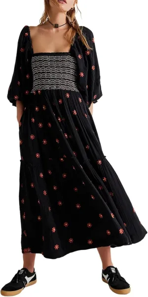 Women Floral Embroidered Smocked Maxi Dress Long Puff Sleeve Square Neck Bohemian Flowy Dress with Pockets
