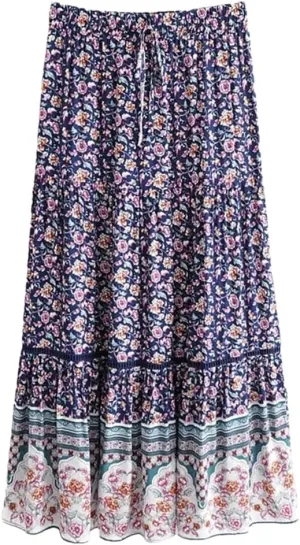 Women Floral Print Beach Bohemian Hippie Pleated Skirt High Elastic Waist A-Line Maxi Skirt