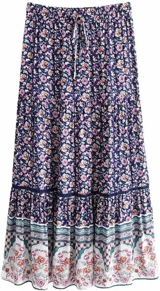 Women Floral Print Beach Bohemian Hippie Pleated Skirt High Elastic Waist A-Line Maxi Skirt