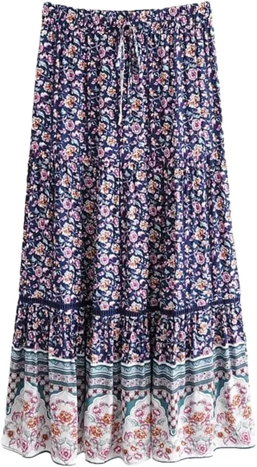 Women Floral Print Beach Bohemian Hippie Pleated Skirt High Elastic Waist A-Line Maxi Skirt