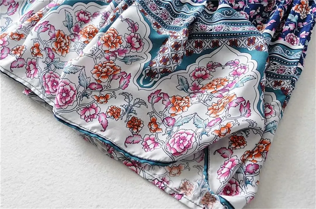 Women Floral Print Beach Bohemian Hippie Pleated Skirt High Elastic Waist A-Line Maxi Skirt