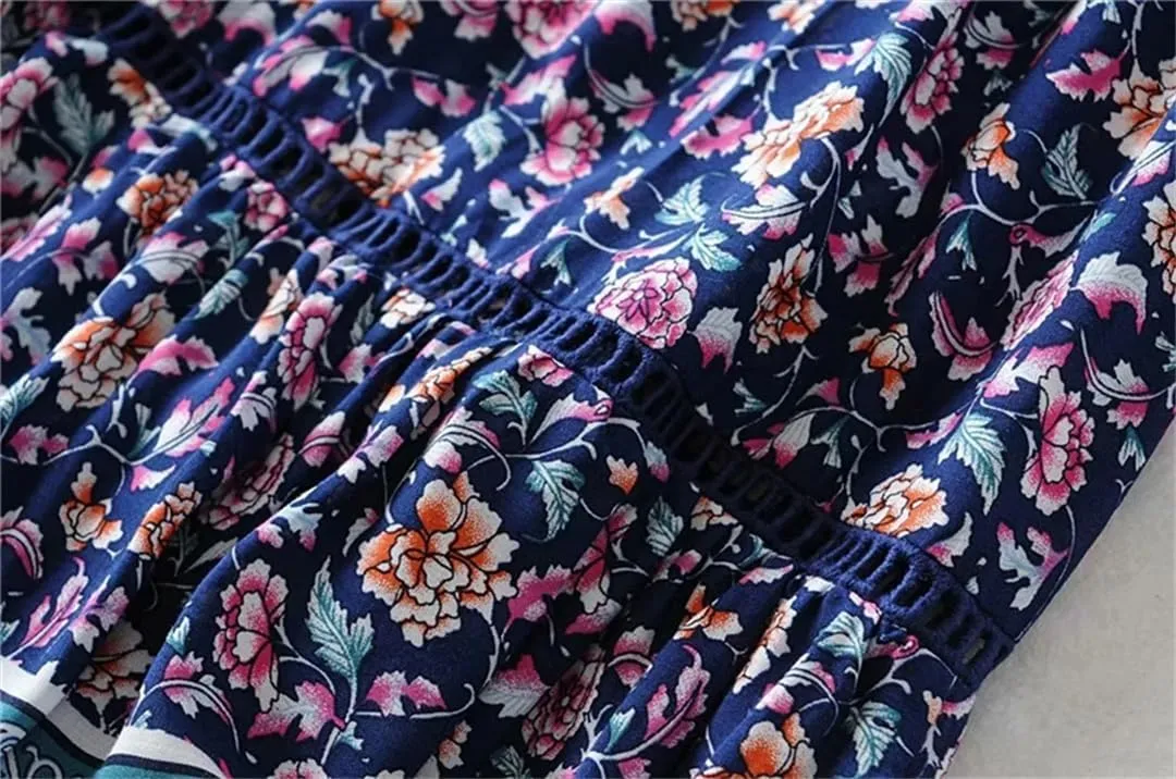 Women Floral Print Beach Bohemian Hippie Pleated Skirt High Elastic Waist A-Line Maxi Skirt
