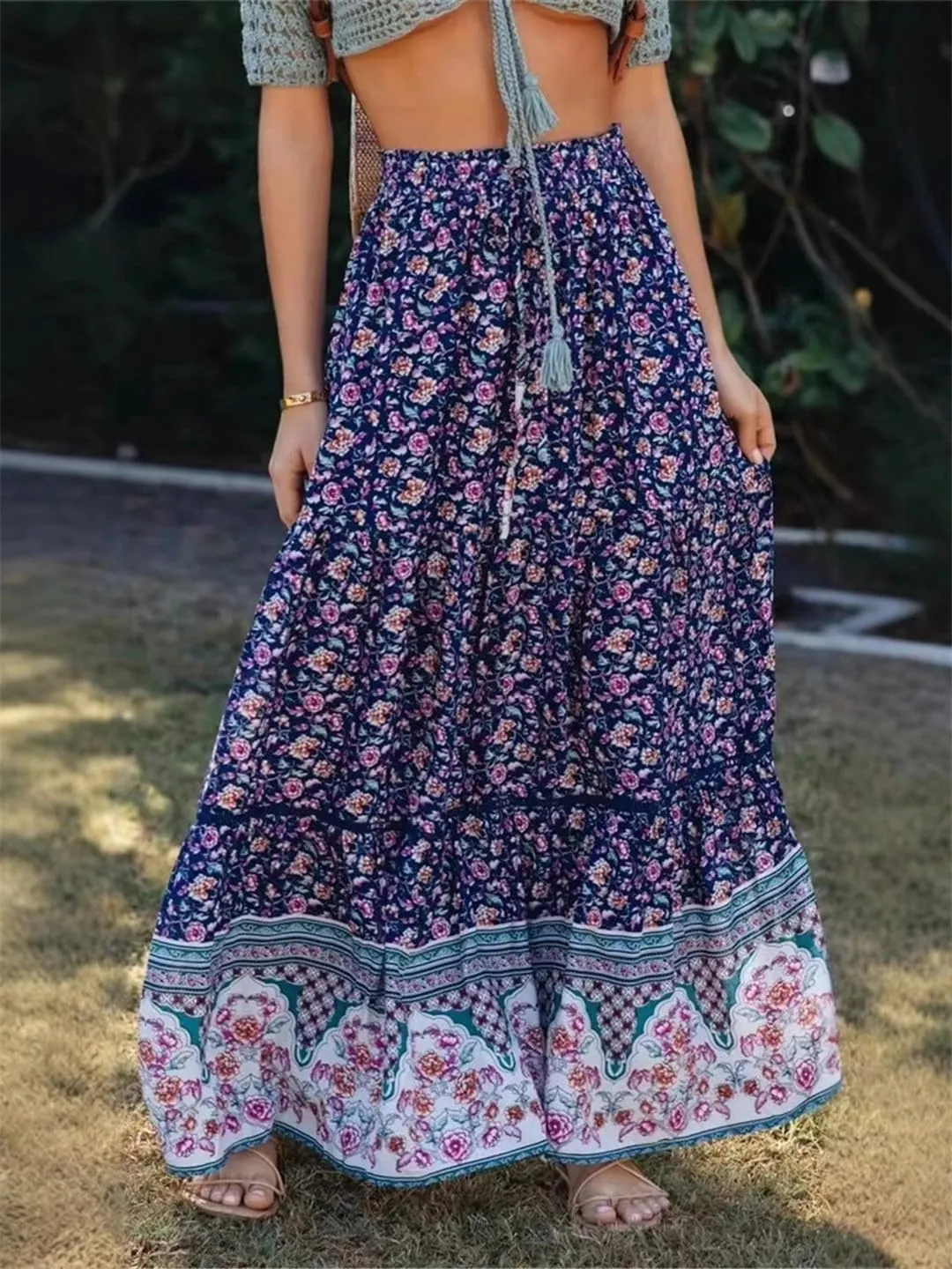 Women Floral Print Beach Bohemian Hippie Pleated Skirt High Elastic Waist A-Line Maxi Skirt