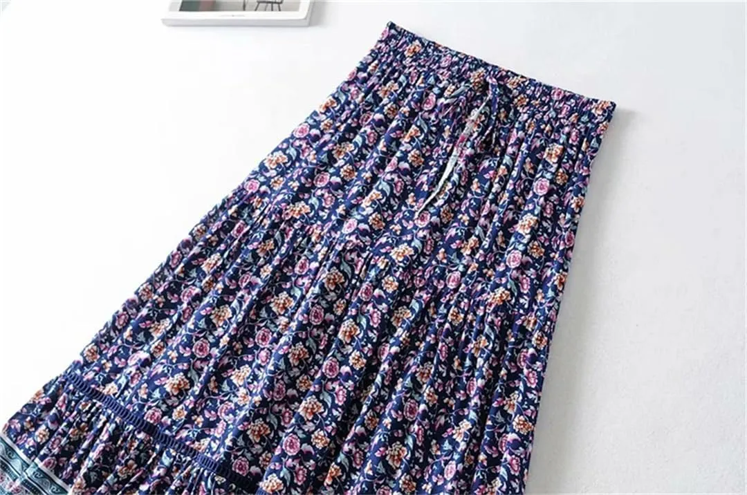 Women Floral Print Beach Bohemian Hippie Pleated Skirt High Elastic Waist A-Line Maxi Skirt