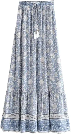 Women Floral Print Beach Bohemian Skirts High Waist Maxi A-Line Skirt