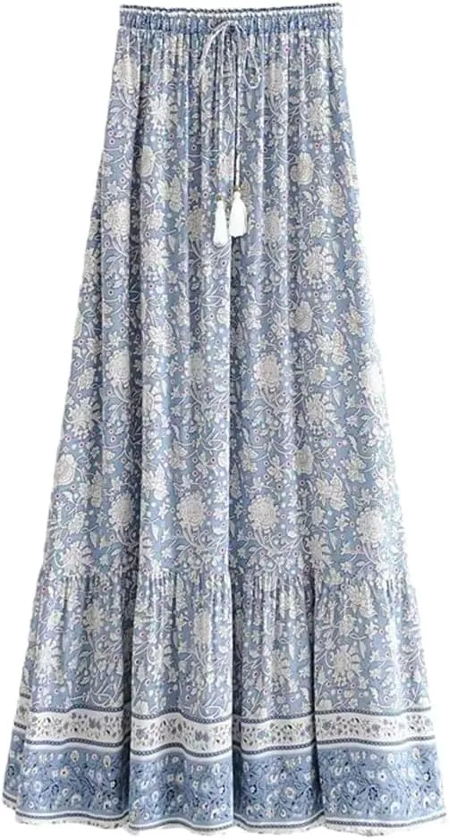 Women Floral Print Beach Bohemian Skirts High Waist Maxi A-Line Skirt