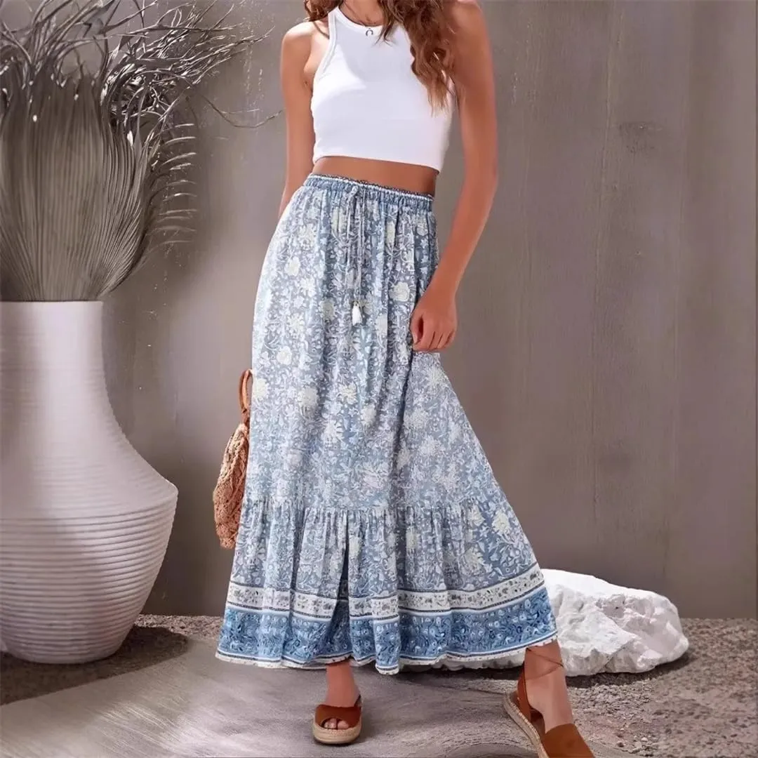 Women Floral Print Beach Bohemian Skirts High Waist Maxi A-Line Skirt