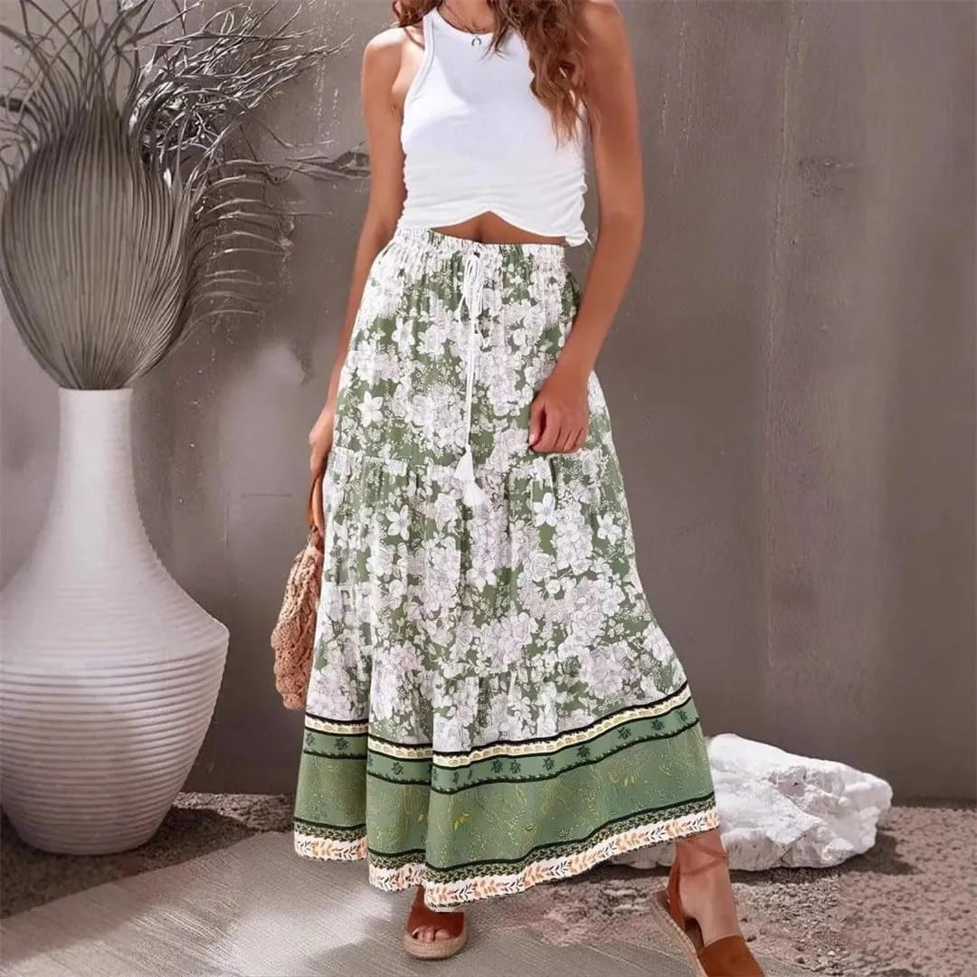 Women Floral Print Beach Bohemian Skirts High Waist Maxi A-Line Skirt