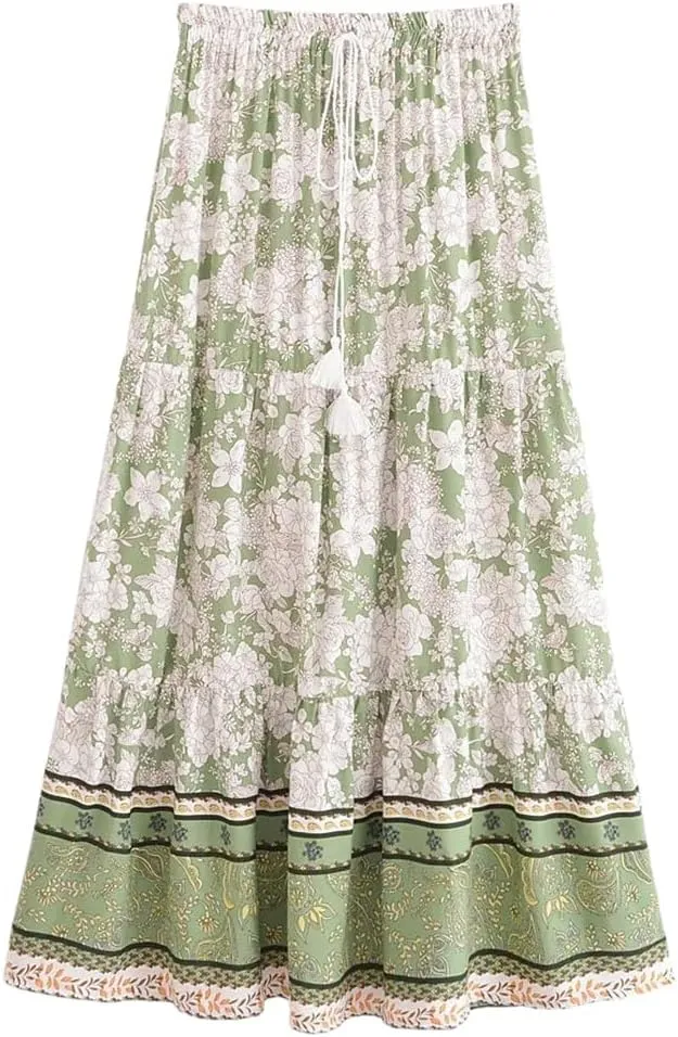 Women Floral Print Beach Bohemian Skirts High Waist Maxi A-Line Skirt