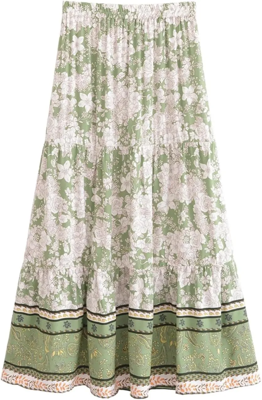 Women Floral Print Beach Bohemian Skirts High Waist Maxi A-Line Skirt
