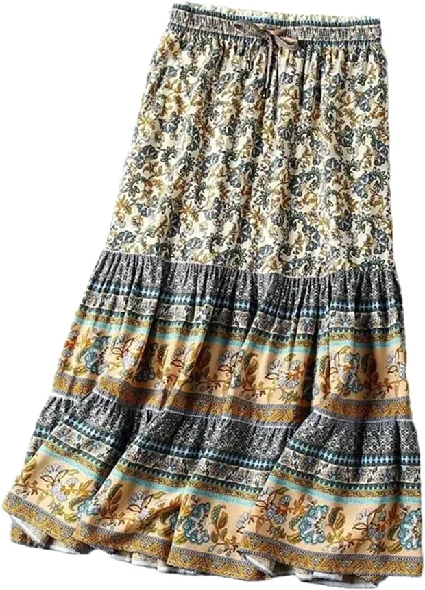 Women Floral Printed High Elastic Waist Bohemian Skirt Ladies Midi A-Line Beach