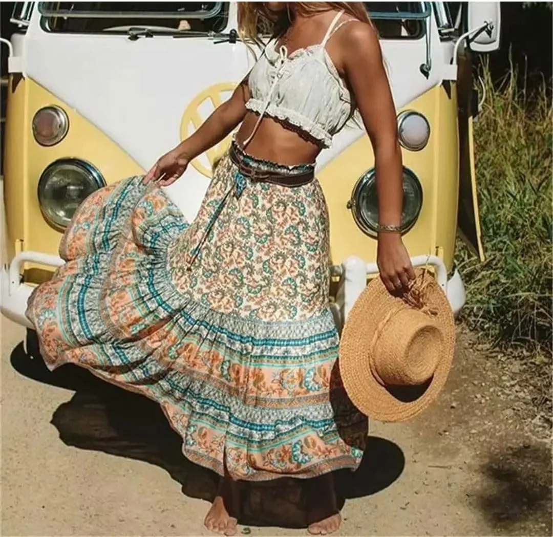 Women Floral Printed High Elastic Waist Bohemian Skirt Ladies Midi A-Line Beach