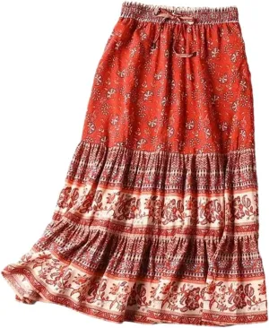 Women Floral Printed High Elastic Waist Bohemian Skirt Ladies Midi A-Line Beach