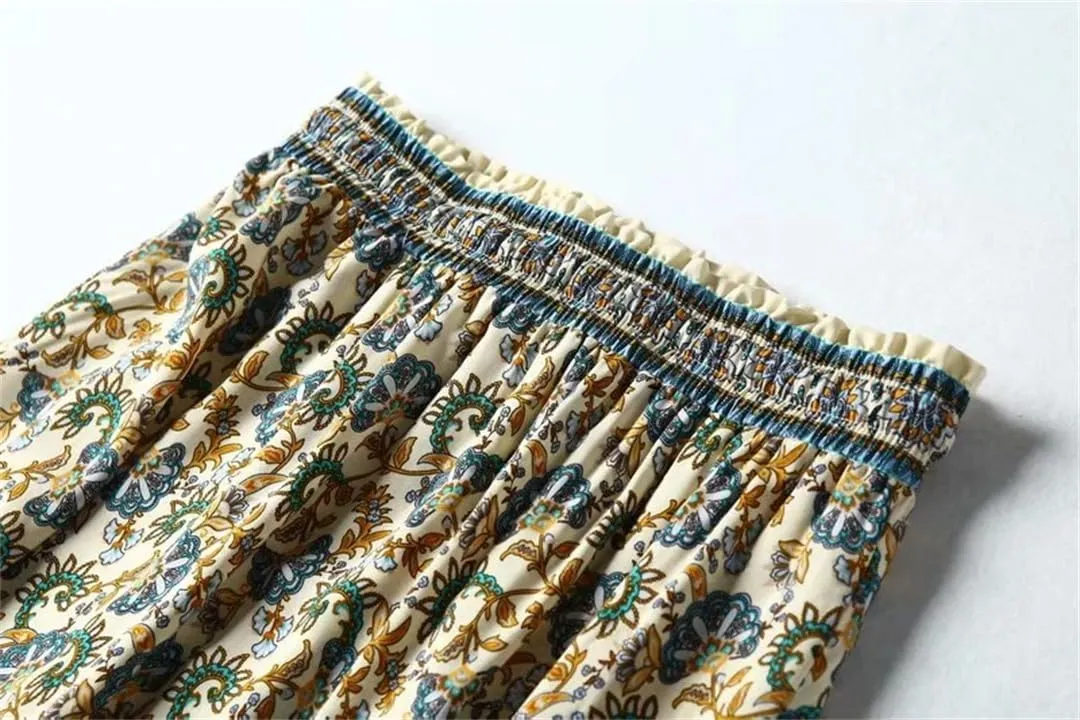Women Floral Printed High Elastic Waist Bohemian Skirt Ladies Midi A-Line Beach