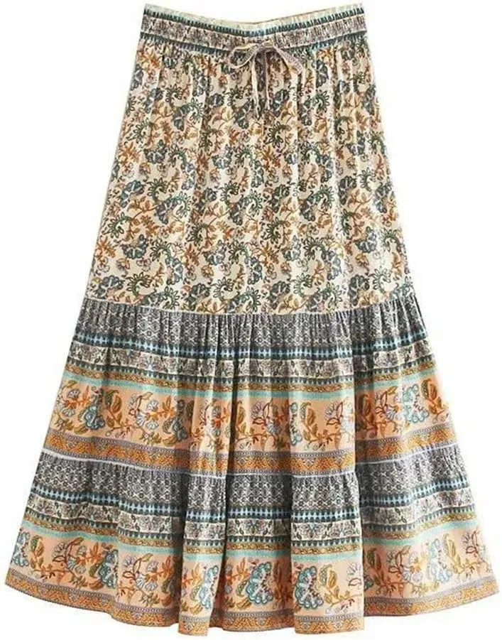 Women Floral Printed High Elastic Waist Bohemian Skirt Ladies Midi A-Line Beach
