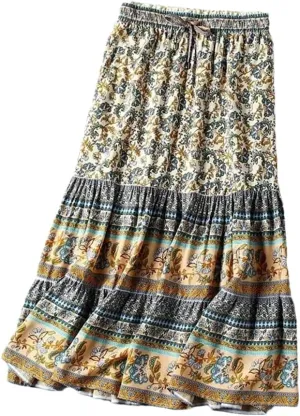 Women Floral Printed High Elastic Waist Bohemian Skirt Ladies Midi A-Line Beach