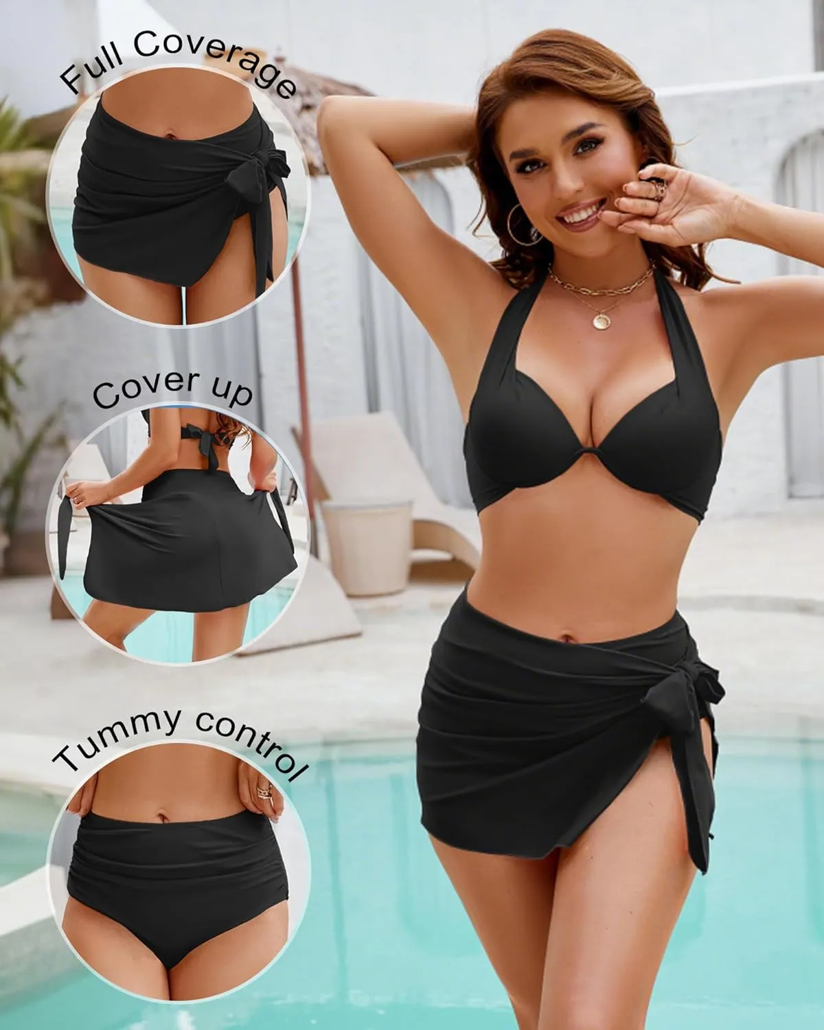 Women High Waisted Bikini Bottoms Wrap Skirt Cover Up Tummy Control Bathing Suit Coverage Swimsuit Bottom 2 Pieces