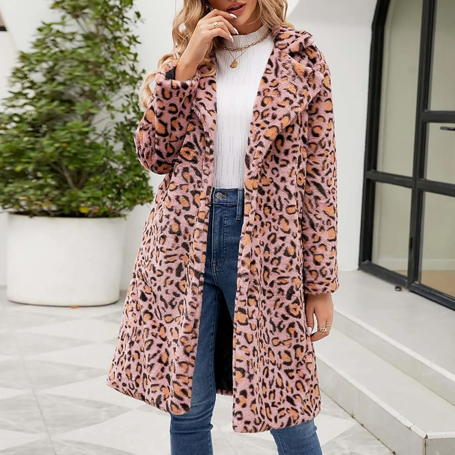 Women Ladies Leopard Overcoat Warm Faux Furry Jackets Winter Coats Turn Down Collar Cardigan Long Outerwear
