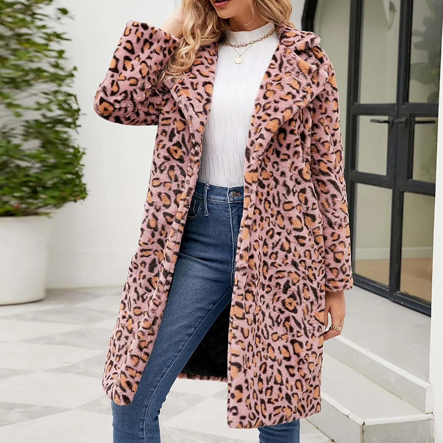 Women Ladies Leopard Overcoat Warm Faux Furry Jackets Winter Coats Turn Down Collar Cardigan Long Outerwear