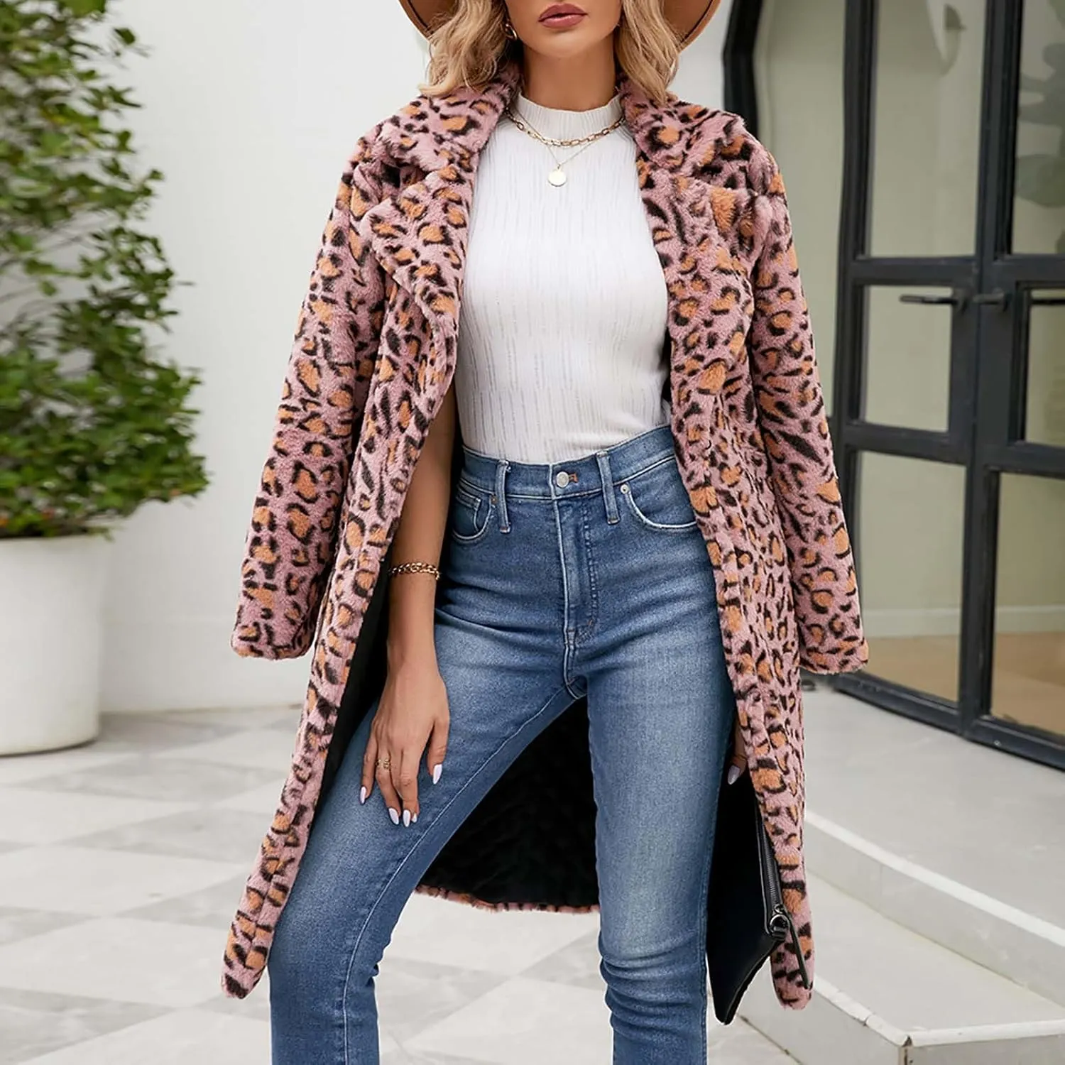 Women Ladies Leopard Overcoat Warm Faux Furry Jackets Winter Coats Turn Down Collar Cardigan Long Outerwear
