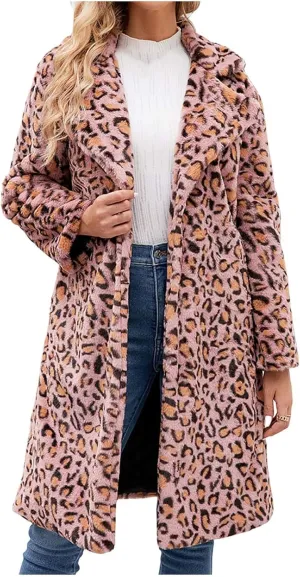 Women Ladies Leopard Overcoat Warm Faux Furry Jackets Winter Coats Turn Down Collar Cardigan Long Outerwear