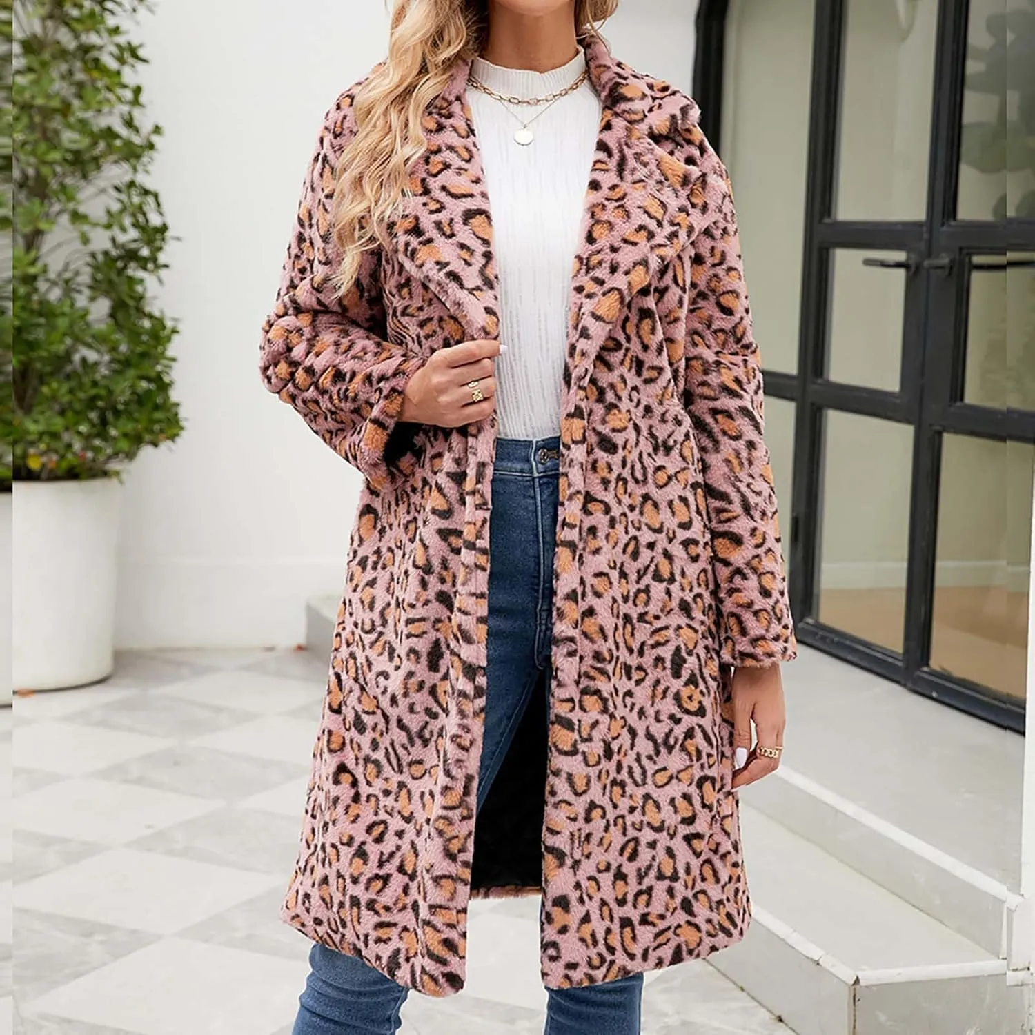Women Ladies Leopard Overcoat Warm Faux Furry Jackets Winter Coats Turn Down Collar Cardigan Long Outerwear